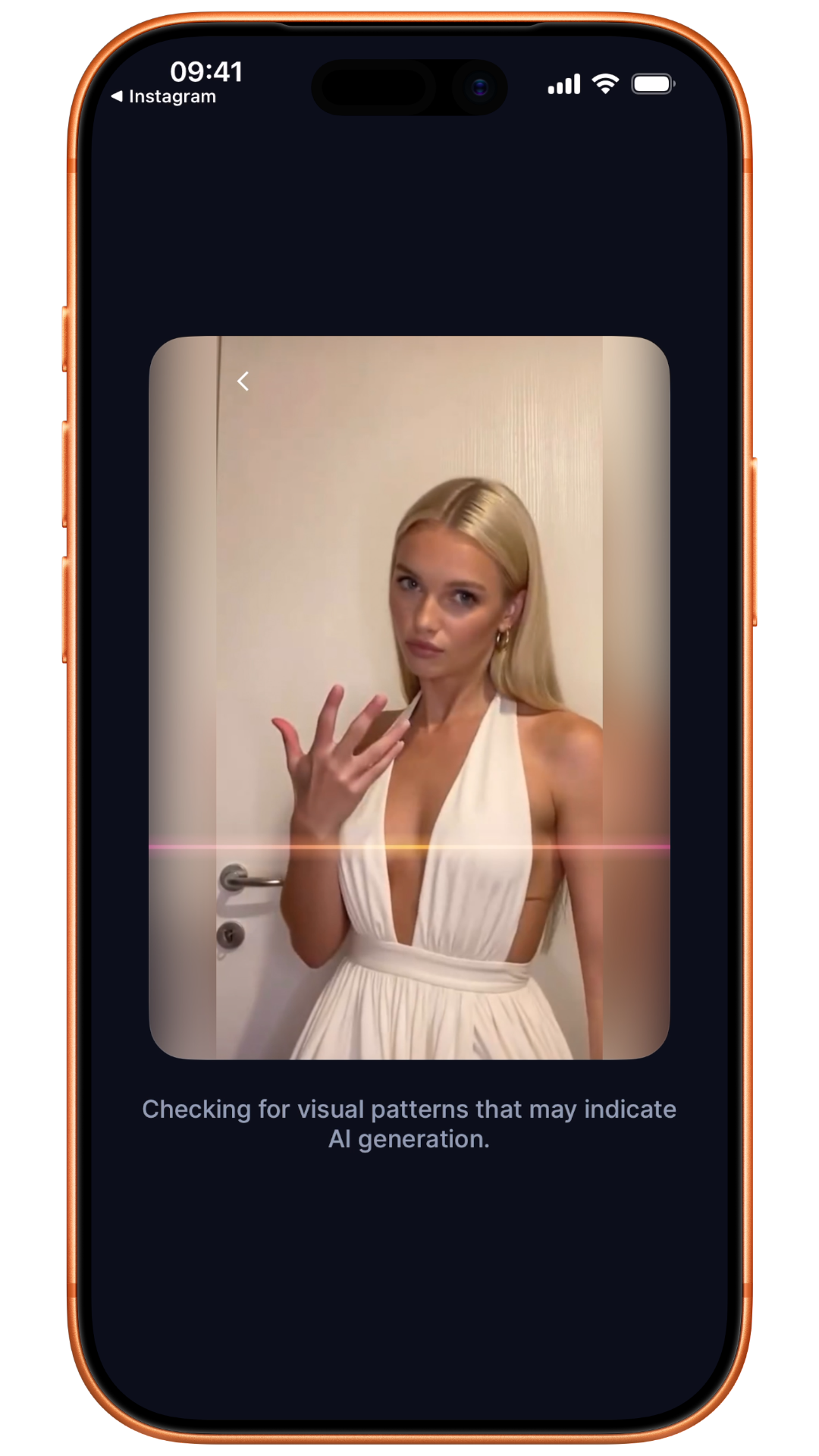 iPhone showing WhatsReal scanning and analyzing the image